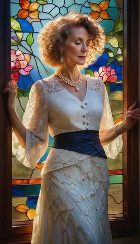 maureen o'hara - female,stained glass,wedding photo,mother of the bride,cinderella,southern belle,stained glass window,portrait of christi,elegance,victorian lady,glass window,elizabeth i,hoopskirt,sun bride,wedding frame,celtic queen,bridal dress,jane austen,wedding details,splendor,Illustration,American Style,American Style 14