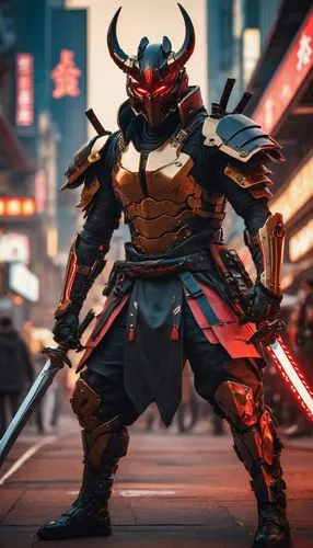 a red and black demon sitting on the ground with two swords in front of him, very beautiful cyberpunk samurai, cyberpunk samurai, anime cyberpunk art, anime cyberpunk, cyberpunk anime art, cyborg samu