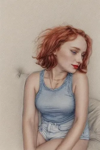 the portrait captures the majestic image of a beautiful caucasian girl, 23 years old, red hair, red lips, who now wears a blue top and mini jeans shorts sitting in a sofa in a modern living,a woman is