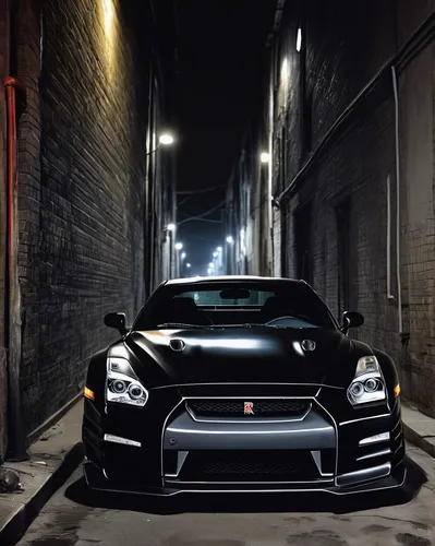 Set a suspenseful scene in a dark alley where a mysterious figure emerges from a black Skyline GTR.,nissan gt-r,skyline gtr,nissan gtr,gtr,nissan skyline gt-r,dodge charger,street canyon,gumpert apoll