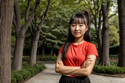 una niña asiatica en un jardin de un parque con muchos arboles ,soochow university,asian woman,alipay,chinese background,shenyang,azerbaijan azn,xiangwei,shuai jiao,xiaochi,xuan lian,park staff,samche