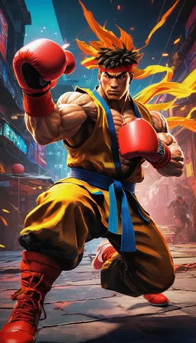 fighting stance, dynamic action, muscular characters, Street Fighter, deluxe edition, ultimate edition, intense facial expressions, combat effects, energy blasts, torn clothing, sweat details, urban a