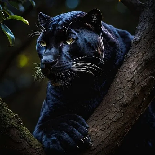 Black Panther on the tree in the dark night close up night environment moon light Cinematic hyper realistic,black leopard looking at soing as it lays on a tree nch,melanism,blue tiger,sumatrana,panthe