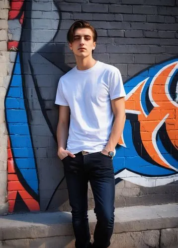 Dave Vanian, young, male, 20s, handsome detailed face, short brown hair, bright blue eyes, strong jawline, casual smile, white graphic t-shirt, dark blue skinny jeans, black sneakers, standing, leanin