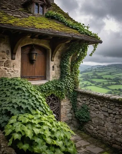 Craftsman well architecture, medieval style, stone walls, wooden beams, intricately carved doors, rusty old lantern, vines crawling up walls, moss-covered roof, ivy-draped windows, quiet countryside s