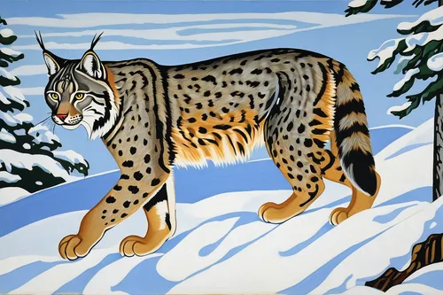 Write a suspenseful scene where a Canadian lynx stalks its prey in the snow.,lynx,snowshoe,siberian tiger,ocelot,siberian,winter animals,snow scene,bengal,piebald,winter deer,bengal cat,bobcat,wild ca