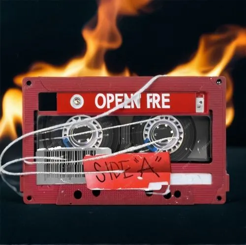 Cassette tape labels that reads "Open Fire",Grunge style,  Red and white color pallette, ,an orange tape is placed next to an open fire burning cassette,open flames,firewire,fire ring,firebox,openers,