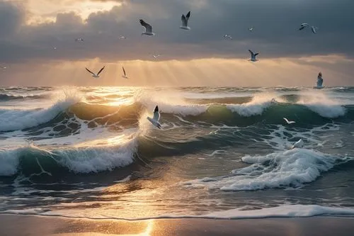 ,Kadak vision color,8k, ocean waves, white seaguls,a group of birds flying around a beautiful ocean,seascape,ocean waves,the wind from the sea,sea water splash,seascapes,ocean background,Photography,G