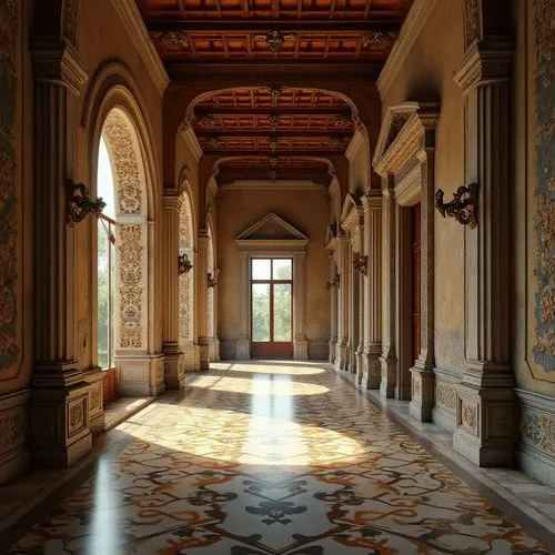 certosa di pavia,corridor,mirogoj,residenz,certosa,hallway,villa cortine palace,entrance hall,loggia,villa balbianello,venaria,alcazar of seville,foyer,inside courtyard,cloister,miniato,villa d'este,palazzo barberini,corridors,enfilade,Photography,General,Realistic