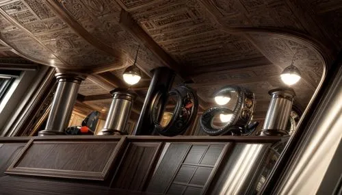 dark cabinetry,under-cabinet lighting,victorian kitchen,art nouveau design,ornate room,art nouveau frames,cabinetry,light fixture,art nouveau,cabinets,vaulted ceiling,track lighting,winding staircase,circular staircase,ceiling lighting,china cabinet,stalls,ceiling fixture,ceiling light,corinthian order