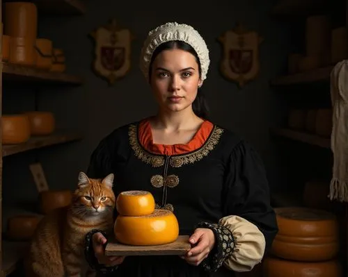 Renaissance portrait of a European woman of strong build standing in the center against a dark background, holding a stack of two thick, round discs of cheese with a golden-yellow surface. The woman w