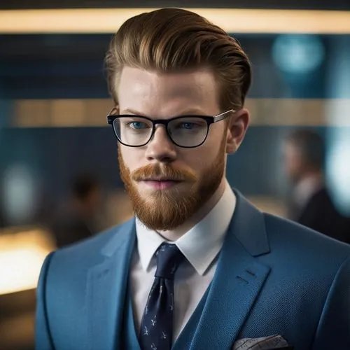 Cameron Monaghan with beard and glasses as businessman,a man with glasses and a beard in a suit,gingrichian,sprezzatura,zaytsev,lapo,men's suit,debonair,Photography,General,Cinematic