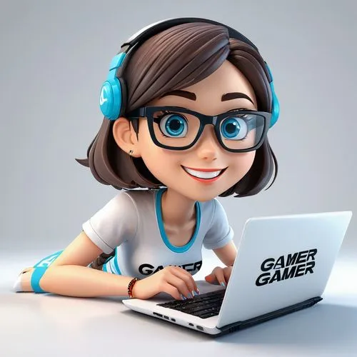 "GAMER" typography, funny tshirt theme of a cartoon character of a woman with eyeglasses coding on her laptop, white background, anime,girl studying,girl at the computer,cute cartoon image,gamer,cute 