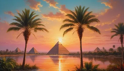 pyramids,giza,egypt,palmtrees,ancient egypt,luxor,egyptian temple,polyneices,palm trees,landscape background,nile river,sailboats,kemet,the great pyramid of giza,nile,fantasy landscape,tropical island,ancient egyptian,triangles background,world digital painting,Photography,General,Cinematic