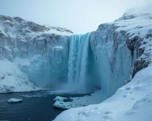 南極斷崖,有一條細長的瀑布,a frozen waterfall on a lake with snow covering the ground,icefalls,icefall,godafoss,ice castle,helmcken,ice curtain