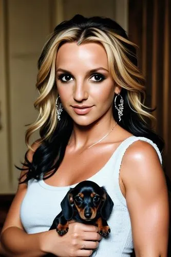 Britney Spears, dachound pequenês, preto, no braço,the woman is holding a black and brown dog,britney,charmbracelet,keibler,spearritt,giada,trish