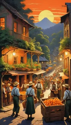 In the words "World's Speakeasy" - "Forest Community," the words below a group of cheerful villagers in hats and crates work diligently on a busy street corner, carrying goods arranged in uniform. The