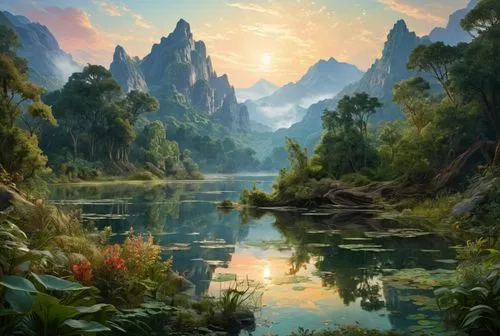 fantasy landscape,river landscape,landscape background,mountain landscape,nature landscape,mountainous landscape,fantasy picture,forest landscape,mountain scene,youliang,high landscape,an island far away landscape,beautiful landscape,landscape nature,karst landscape,shaoming,world digital painting,landscape,nature background,yanzhao,Conceptual Art,Fantasy,Fantasy 05