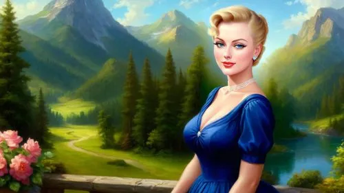 Romantic masterpiece oil painting, beautiful curvy busty woman portrait, silk sundress, nostalgic 1950's style kitsch, standing in front of a breathtaking beautiful epic vast landscape, majestic vibra