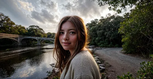 a woman in white standing next to a river,fish eye,fisheye,girl on the river,photosynth,autumn photo session,photo art