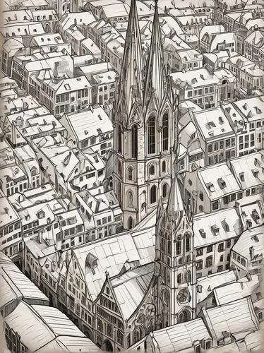 steeples,delft,neumuenster,city of münster,orensanz,aachen,metz,truro,ecclesiam,bremen,ghent,steeple,kerk,faneuil,louvain,chartres,utrecht,mechelen,chartes,niekerk,Illustration,Black and White,Black and White 05