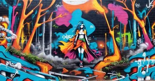 a woman painted on a wall and a painting next to her,wynwood,graffiti art,welin,grafite,bibbins,promethea,Conceptual Art,Graffiti Art,Graffiti Art 07