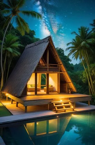 an A frame hut, with thatched roofing, bamboo floors, with coconut tree surroundings, an infinity pool, night time, starry skies, fireflies ,maldives,cabana,tropical house,pool house,holiday villa,ker