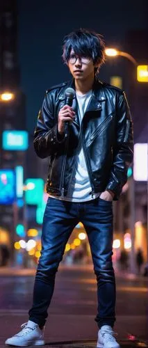 Discord moderator, young adult, male, short spiky hair, blue eyes, fair skin, silver glasses, black leather jacket, white shirt, dark jeans, sneakers, holding a microphone, standing in front of a city