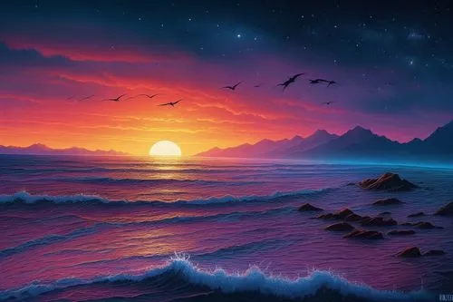 ocean background,seascape,sea landscape,full hd wallpaper,landscape background,sea night,fantasy landscape,windows wallpaper,dreamscape,beautiful wallpaper,ocean,the endless sea,coast sunset,dreamscap