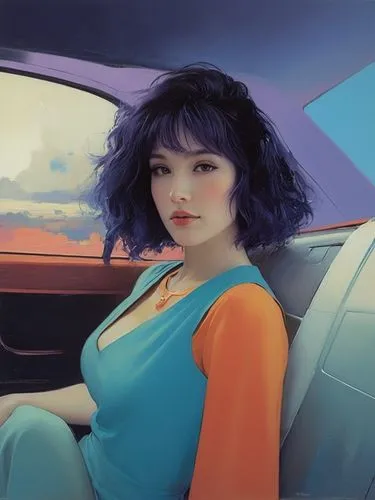 a picture of a woman sitting in a car,woman in the car,retro woman,girl in car,togawa,retro girl,bjork,Conceptual Art,Sci-Fi,Sci-Fi 22