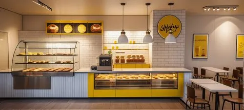 cakes on display case, mood lighting, yellow furniture,  subway tiles, coffee brewing, cozy , high definition,bakery,ice cream shop,pâtisserie,kitchen shop,star kitchen,bakery products,knife kitchen,p