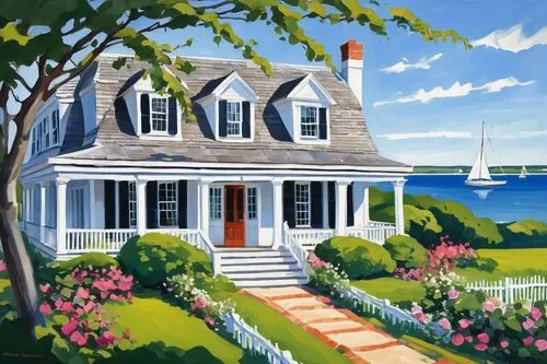 nantucket,edgartown,cape cod,summer cottage,martha's vineyard,marthas vineyard,mawes,cottage,thimble islands,house by the water,houses clipart,monhegan,cohasset,seaside country,cotuit,new england style house,mattapoisett,marblehead,conanicut,kennebunk,Art,Artistic Painting,Artistic Painting 37