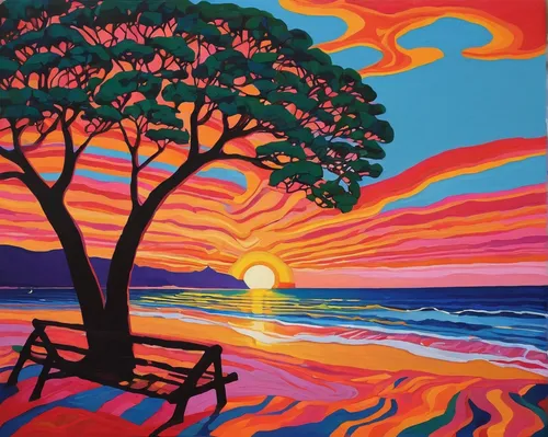 sunset beach,tangerine tree,colorful tree of life,sunrise beach,beach landscape,orange tree,coast sunset,tropical tree,sun of jamaica,mangroves,coastal landscape,painted tree,tequila sunrise,sunset,oil painting on canvas,orange bay,indigenous painting,tropics,art painting,tropical sea,Conceptual Art,Oil color,Oil Color 14