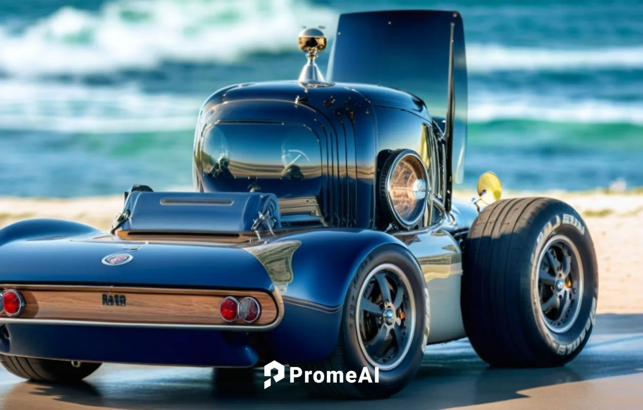 the blue old time truck is parked near a beach,beach buggy,hotrod car,opel record p1,street rod,e-car in a vintage look,miniature car,Photography,General,Realistic