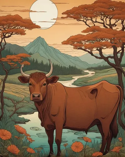 alpine cow,mountain cows,oxen,mountain cow,cow,ox,horned cows,bison,moo,mother cow,zebu,watusi cow,cows on pasture,cows,red holstein,buffalo,highland cow,bovine,horns cow,highland cattle,Illustration,Japanese style,Japanese Style 15