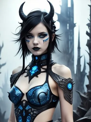 a woman with horns on her head and body,blue enchantress,demoness,dark elf,kitana,goth woman,abaddon