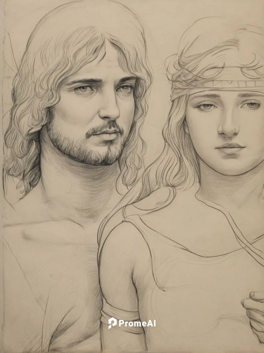 pencil drawing,a drawing of two people, one of them is wearing a headband,antinous,underdrawing,disegno,silverpoint,hylas,raphaelites,Illustration,Black and White,Black and White 30