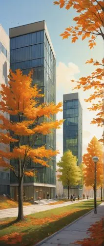 kaist,technopark,phototherapeutics,office buildings,office building,genzyme,autumn background,schulich,the trees in the fall,ubc,modern office,fall landscape,uoit,biotechnology research institute,autumn scenery,rit,company headquarters,autumn trees,headquaters,trees in the fall,Illustration,Realistic Fantasy,Realistic Fantasy 04