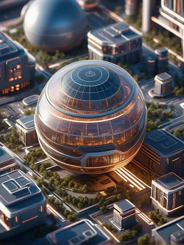 высокотехнологичное архитектурное здание будущего,arcology,cybercity,technosphere,solar cell base,cybertown,coruscant,roof domes,futuristic architecture,starbase,megacorporation,odomes,cyberport,music