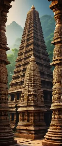 Ancient Indian temple, intricate carvings, ornate sculptures, vibrant colors, towering gopuram, majestic pillars, carved stone walls, delicate filigree, lotus patterns, Hindu deity statues, bell-shape