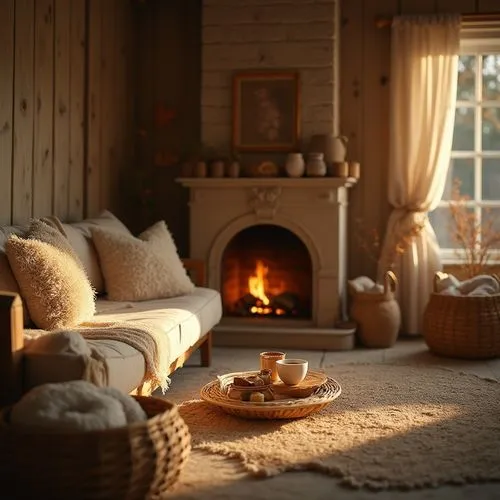 Warm, cozy interior scene, wheat tones color palette, comforting atmosphere, soft lighting, vintage furniture, plush cushions, woven baskets, natural textiles, wooden accents, rustic decorations, eart