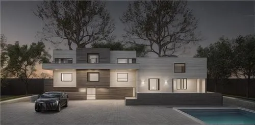 night render with metal and gray wood and white marbel stone in it's view and with car and pool and trees with the best sky wiyh the best reflection,duplexes,modern house,3d rendering,suburbicarian,ho