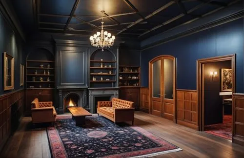 A dark, gothic Victorian sitting room with a fireplace, concrete floor, matte ceiling, art nouveau wallpaper, paneling, oriental carpet, crystal chandelier, black accents,the room has a couch, chairs 