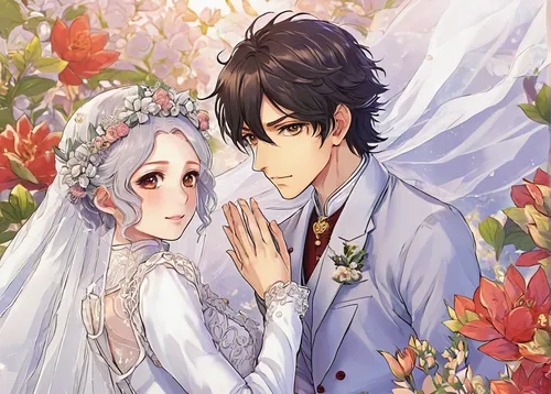 In a fantasy world, a bride marries a prince from another kingdom.,silver wedding,wedding couple,sun bride,bride and groom,wedding photo,bridal,prince and princess,wedding dress,groom bride,wedding ce