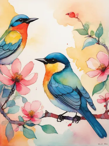 blue birds and blossom,bird painting,flower and bird illustration,songbirds,colorful birds,humming birds,humming bird pair,hummingbirds,birds on a branch,tropical birds,garden birds,birds on branch,bird couple,little birds,spring bird,small birds,sunbird,watercolor bird,birds,bird robins,Illustration,Paper based,Paper Based 07