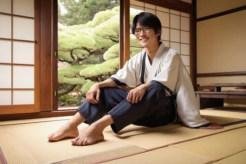 Utsuo, Japanese high school boy, uniform, black hair, brown eyes, glasses, gentle smile, relaxed posture, leaning against, traditional Japanese house, tatami floor, sliding doors, bonsai trees, tranqu