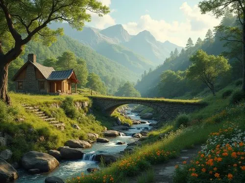 home landscape,house in mountains,house in the mountains,landscape background,fantasy landscape,alpine landscape,meadow landscape,summer cottage,world digital painting,the cabin in the mountains,nature landscape,mountain scene,mountain landscape,idyllic,rural landscape,cottage,alpine village,mountain settlement,beautiful landscape,mountain village,Photography,General,Realistic