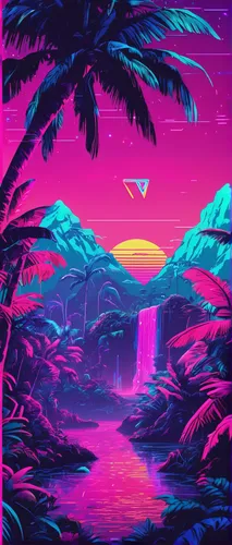 lagoon,tropics,80's design,futuristic landscape,retro background,palmtrees,tropical island,sub-tropical,acid lake,oasis,vapor,tropical house,80s,ultraviolet,paradiso,palms,neon arrows,palm forest,aesthetic,palm trees,Conceptual Art,Sci-Fi,Sci-Fi 28