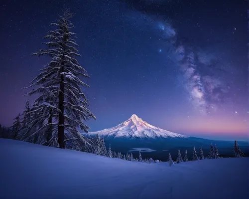 Create a fantasy world where Mt. Hood is an enchanted mountain.,mount hood,mt hood,mount rainier,trillium lake,lassen volcanic national park,mt rainier,rainier,mount shasta,snowy landscape,snow landsc