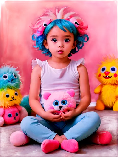 Momo monster, cute face, big round eyes, pink nose, fluffy fur, white belly, colorful hair clips, childlike posture, sitting on floor, legs crossed, holding a toy, soft focus, pastel color tone, warm 